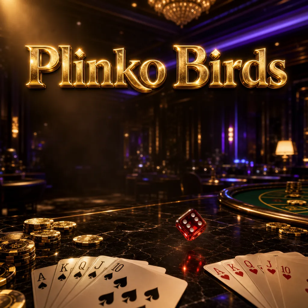 Luxurious dimly-lit casino floor with gold chips, playing cards, and ruby dice on dark marble for Plinko Birds online casino