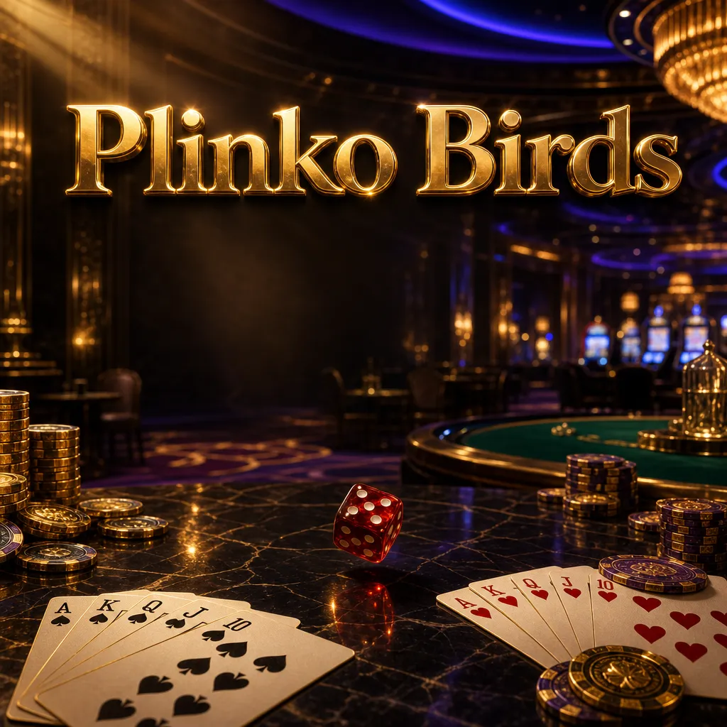 Luxurious dark casino floor with gold chips, playing cards, and ruby dice under cinematic golden and blue lighting for Plinko